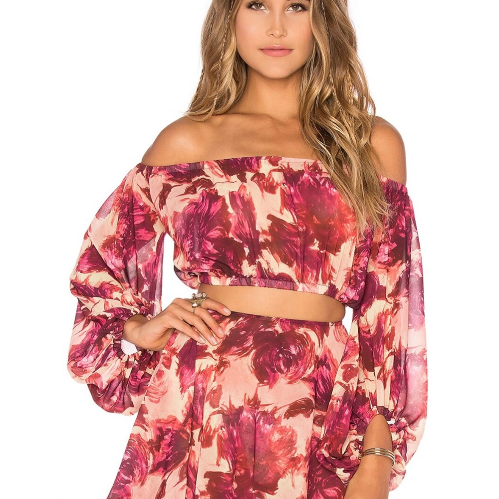 For love & lemons red orange yellow wild rose floral off the shoulders crop top